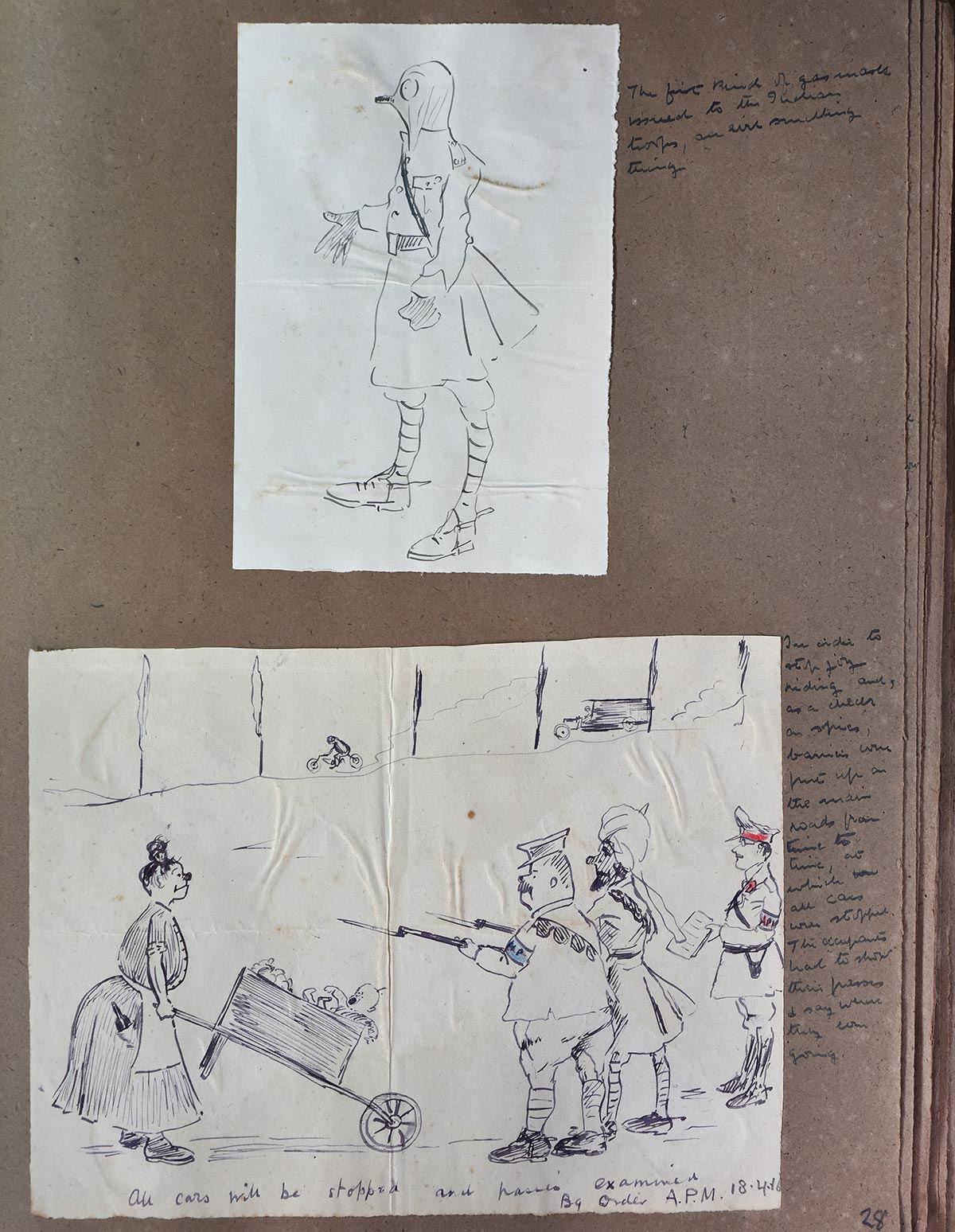 Maitland cartoons showing gas mask and Frenchwoman being stopped by guards