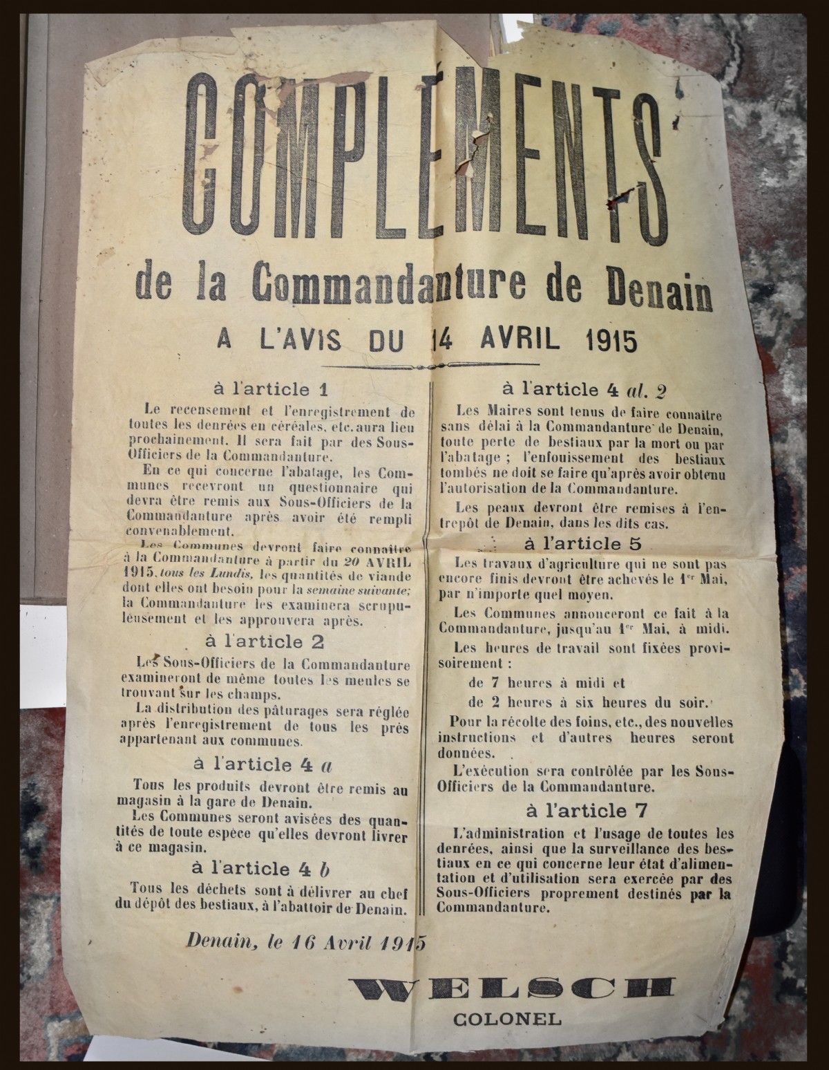Denain occupation poster concerning agricultural times of work and other details
